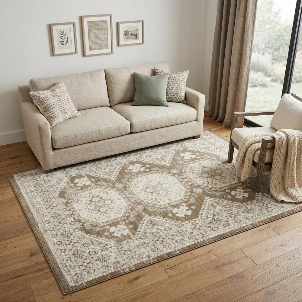 5' X 7' Brown Geometric Distressed Area Rug