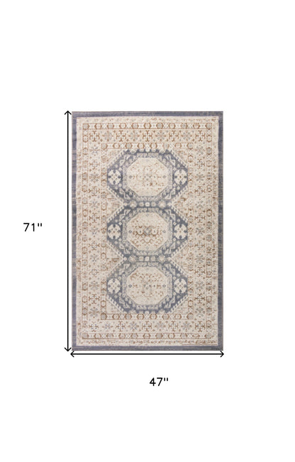 4' X 6' Blue Geometric Distressed Area Rug