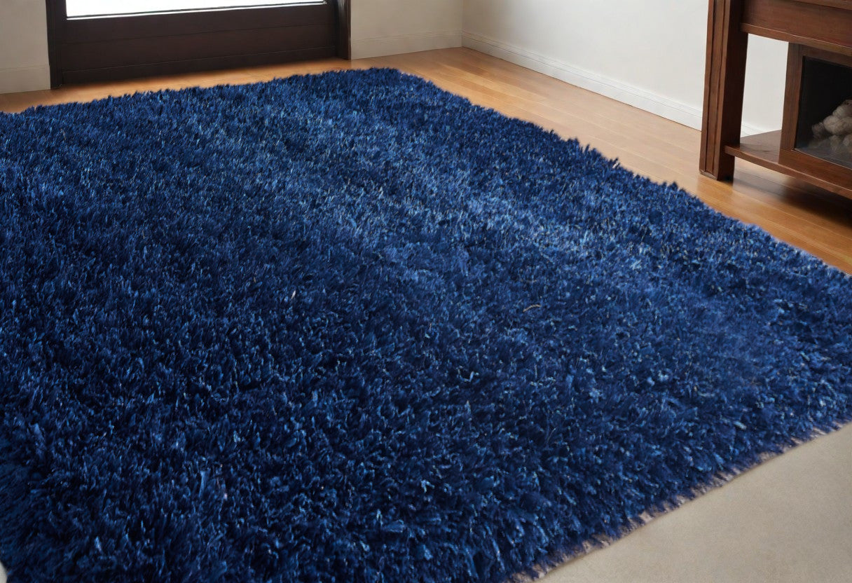 5' X 7' Navy Blue Shag Hand Tufted Area Rug