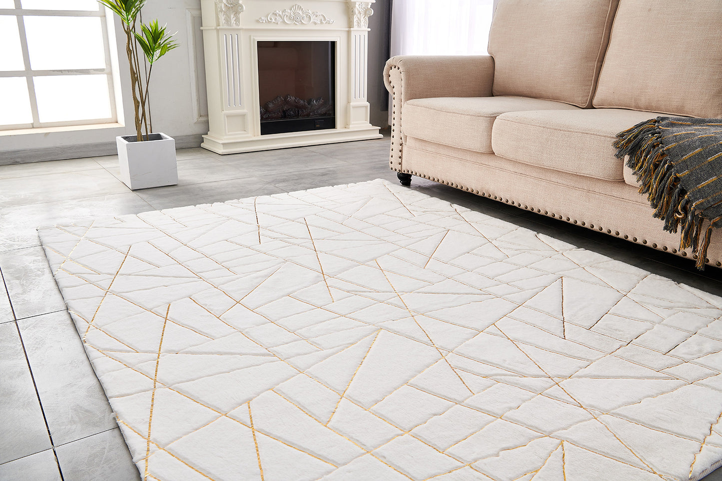 2' X 3' White and Gold Faux Fur Abstract Shag Non Skid Area Rug