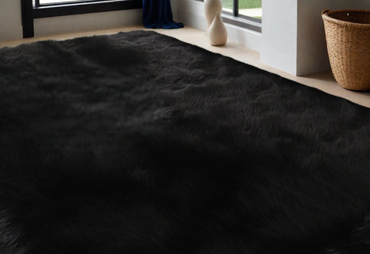 5' X 7' Charcoal Faux Sheepskin Shag Washable Area Rug