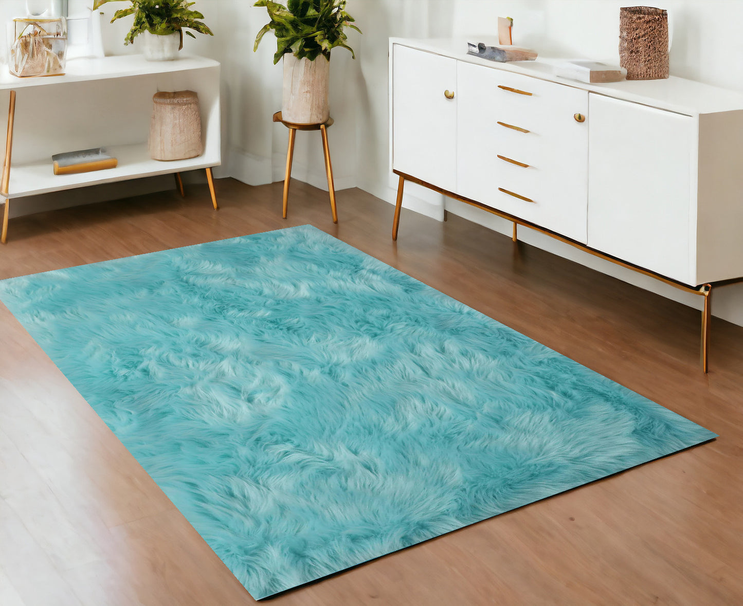 4' X 6' Turquoise Faux Sheepskin Shag Washable Area Rug