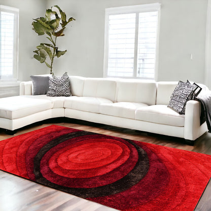 5' X 7' Red and Black Geometric Shag Hand Tufted Area Rug