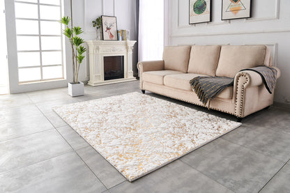 2' X 3' White and Gold Faux Fur Abstract Shag Non Skid Area Rug