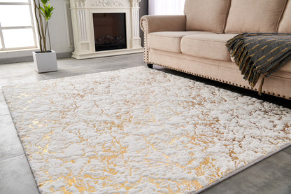 2' X 3' White and Gold Faux Fur Abstract Shag Non Skid Area Rug