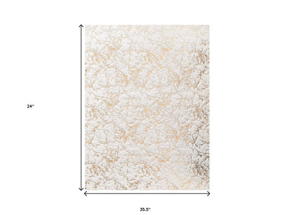 2' X 3' White and Gold Faux Fur Abstract Shag Non Skid Area Rug