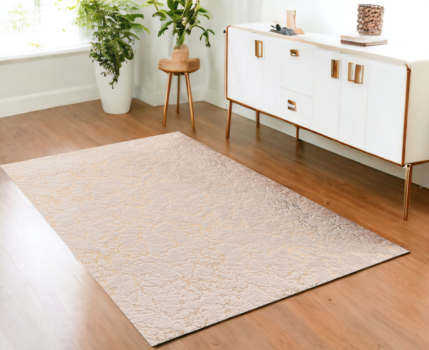 2' X 3' Beige and Gold Faux Fur Abstract Shag Non Skid Area Rug