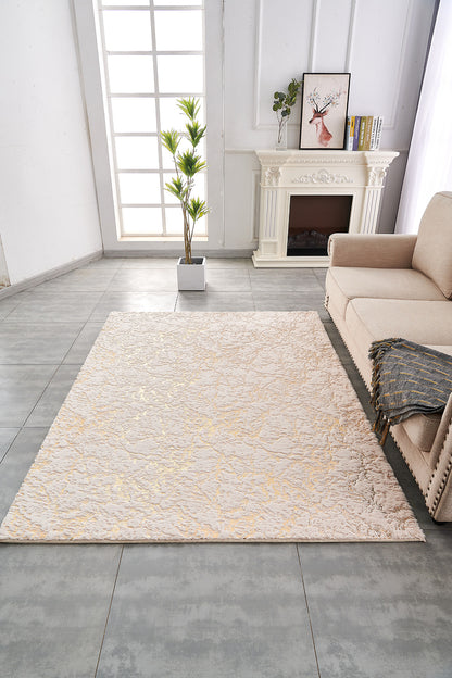 2' X 3' Beige and Gold Faux Fur Abstract Shag Non Skid Area Rug