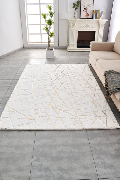 2' X 3' White and Gold Faux Fur Abstract Shag Non Skid Area Rug