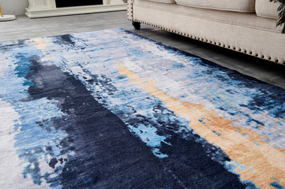 2' X 3' Blue and Yellow Abstract Printed Washable Non Skid Area Rug