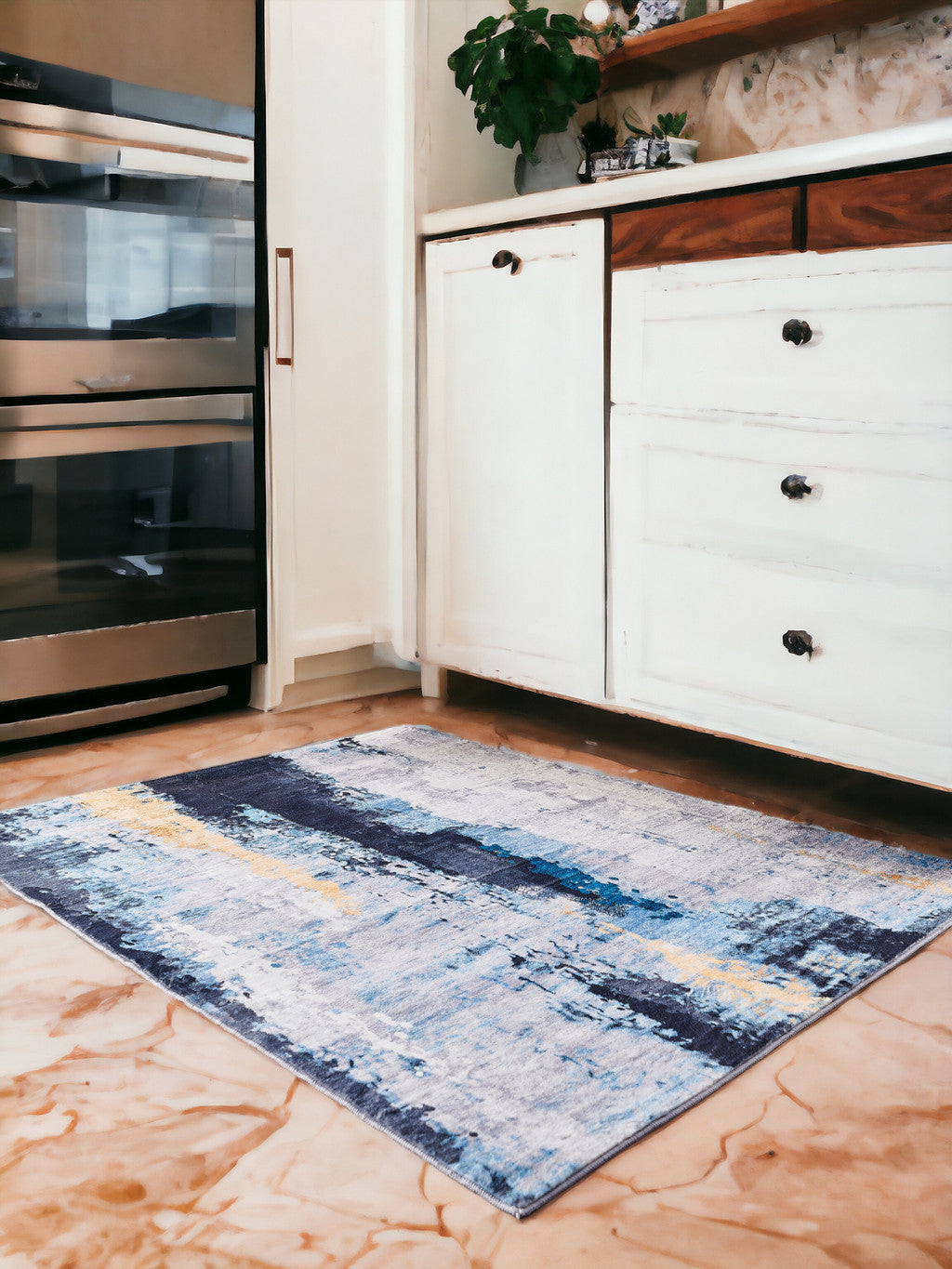 2' X 3' Blue and Yellow Abstract Printed Washable Non Skid Area Rug