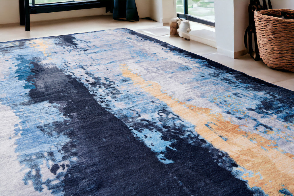 2' X 3' Blue and Yellow Abstract Printed Washable Non Skid Area Rug