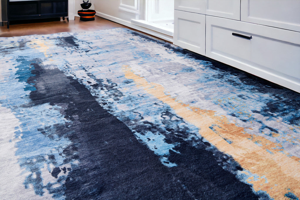 2' X 3' Blue and Yellow Abstract Printed Washable Non Skid Area Rug