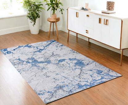 2' X 3' Blue and Silver Abstract Shag Printed Washable Non Skid Area Rug