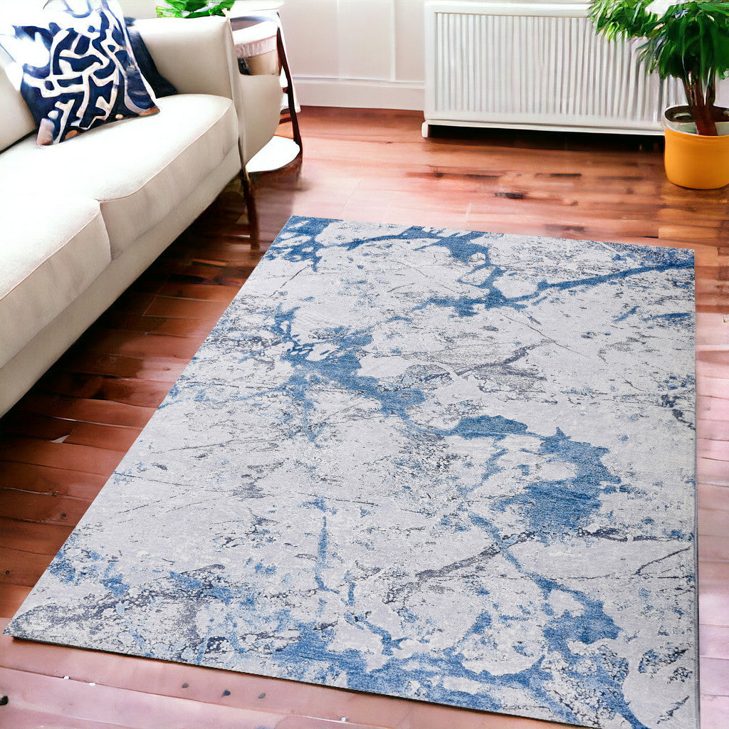 2' X 3' Blue and Silver Abstract Shag Printed Washable Non Skid Area Rug