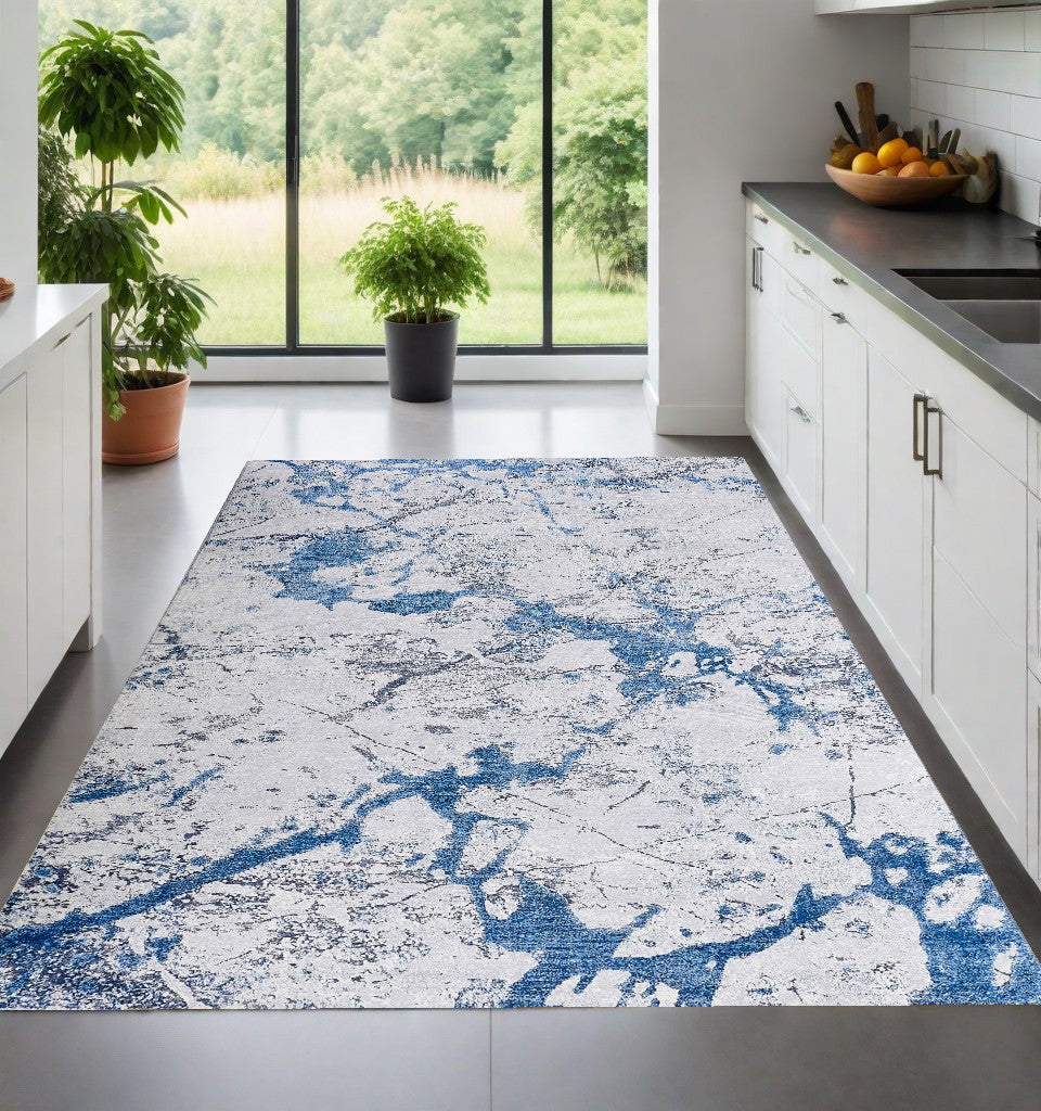 2' X 3' Blue and Silver Abstract Shag Printed Washable Non Skid Area Rug