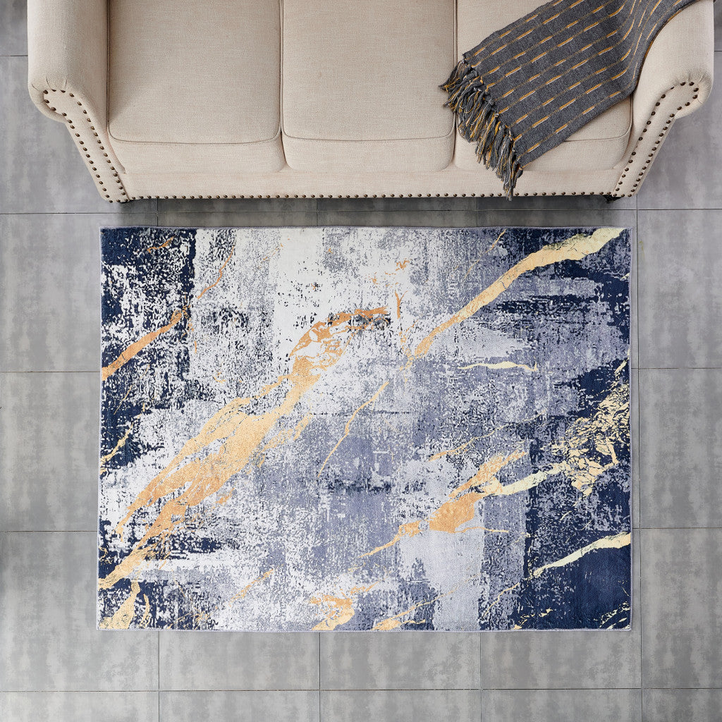 2' X 3' Blue and Yellow Abstract Shag Printed Washable Non Skid Area Rug