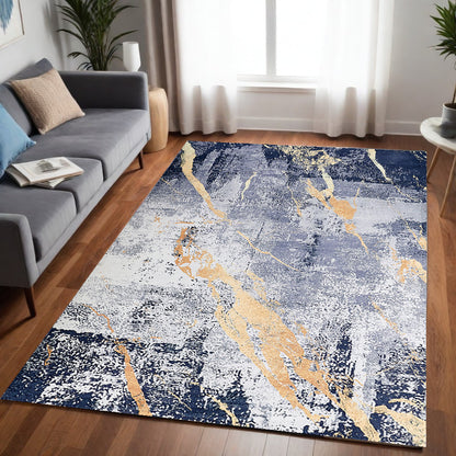 2' X 3' Blue and Yellow Abstract Shag Printed Washable Non Skid Area Rug