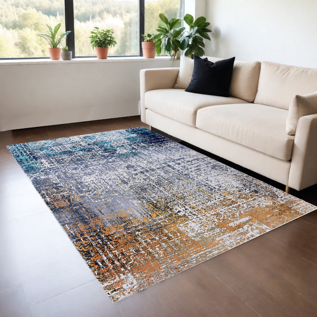 2' X 3' Blue and Silver Abstract Shag Printed Washable Non Skid Area Rug