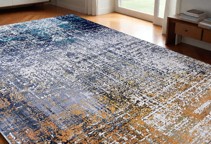 2' X 3' Blue and Silver Abstract Shag Printed Washable Non Skid Area Rug