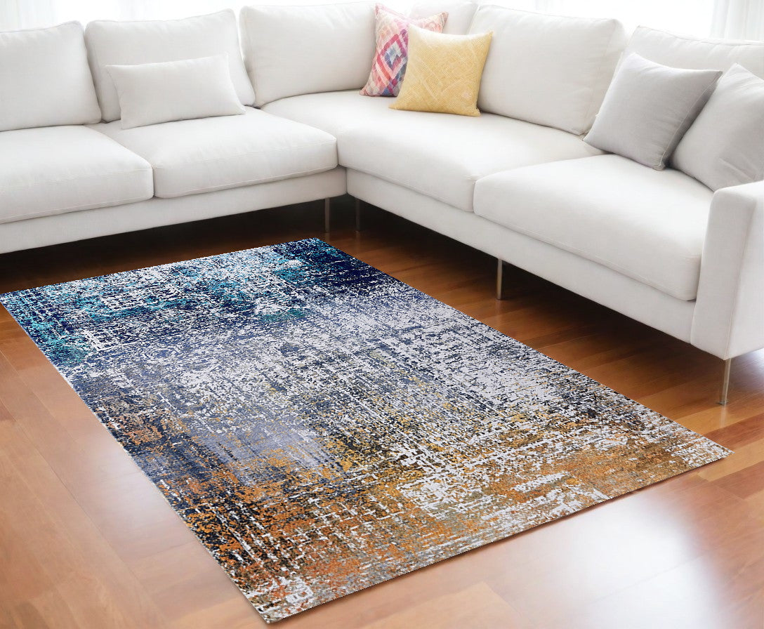 2' X 3' Blue and Silver Abstract Shag Printed Washable Non Skid Area Rug