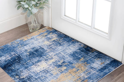 2' X 3' Blue and Gold Abstract Printed Washable Non Skid Area Rug