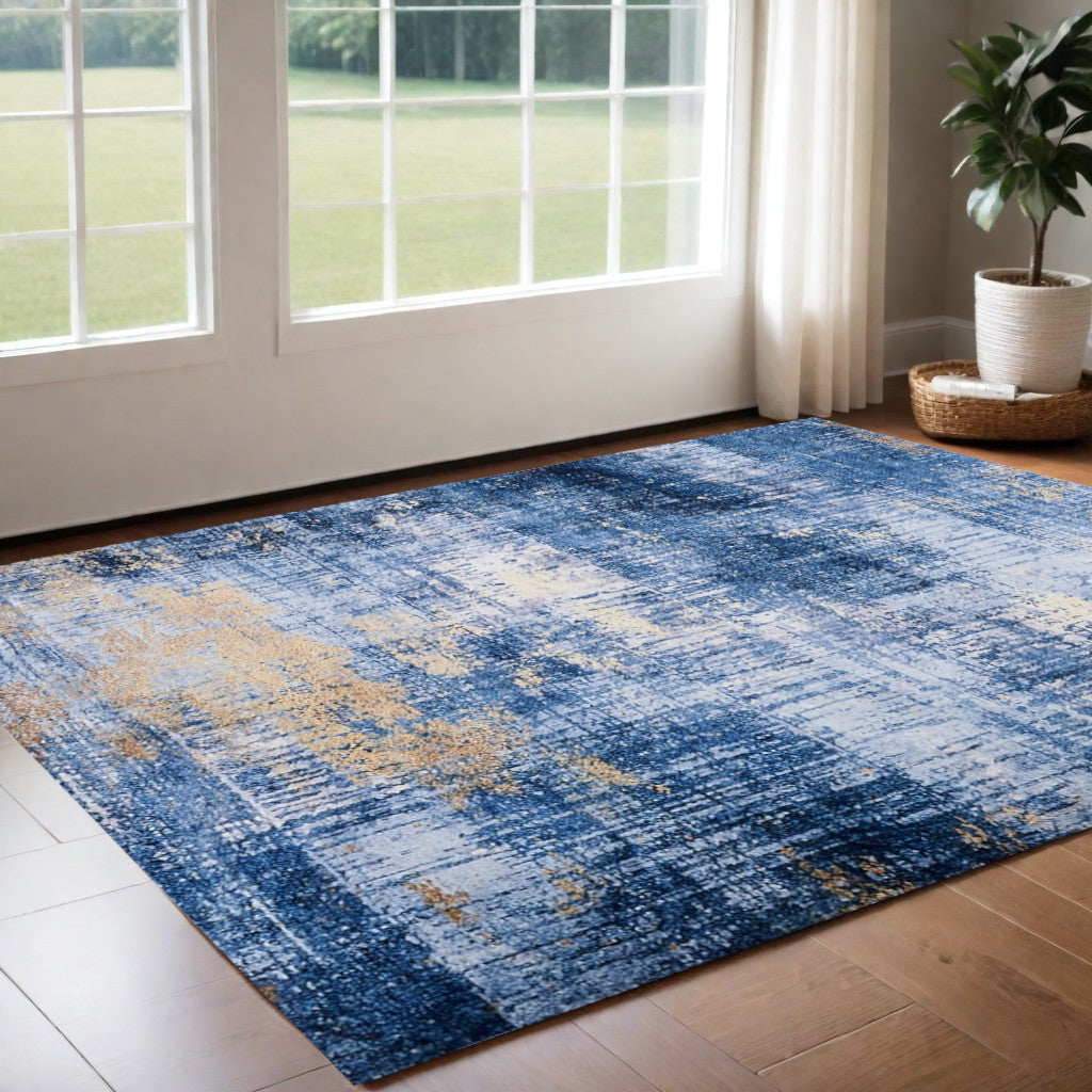 2' X 3' Blue and Gold Abstract Printed Washable Non Skid Area Rug