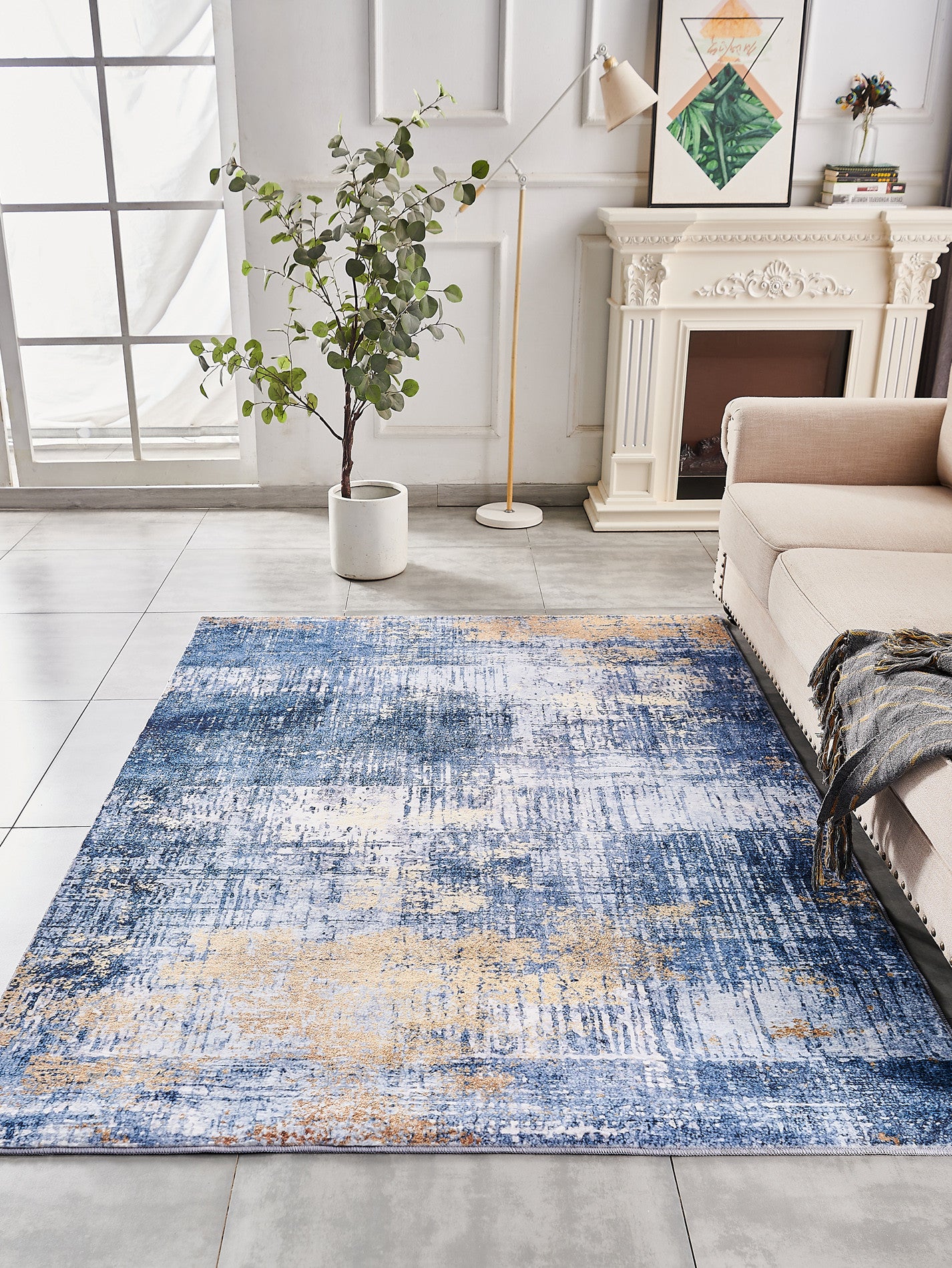 2' X 3' Blue and Gold Abstract Printed Washable Non Skid Area Rug