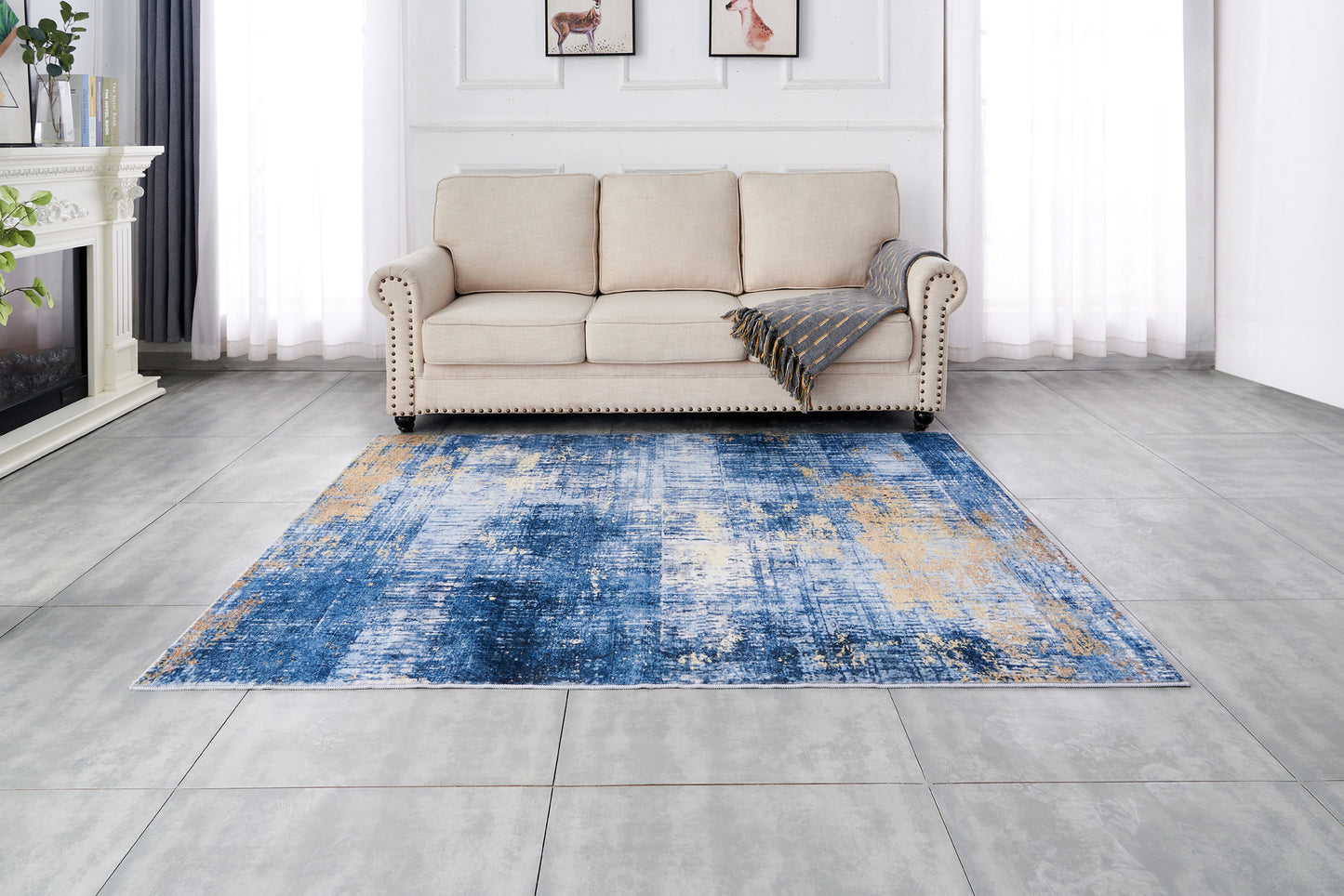 2' X 3' Blue and Gold Abstract Printed Washable Non Skid Area Rug