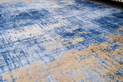 2' X 3' Blue and Gold Abstract Printed Washable Non Skid Area Rug