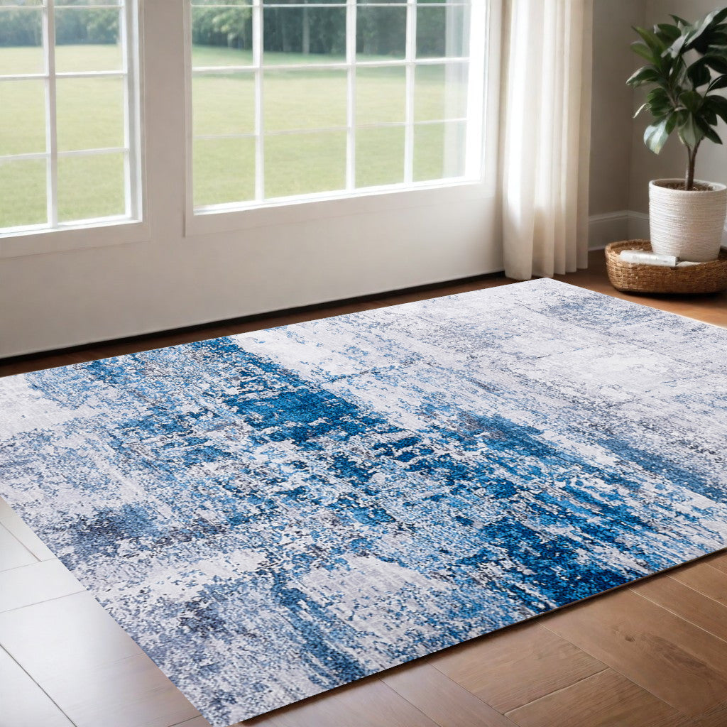 2' X 3' Gray and Blue Abstract Shag Printed Washable Non Skid Area Rug