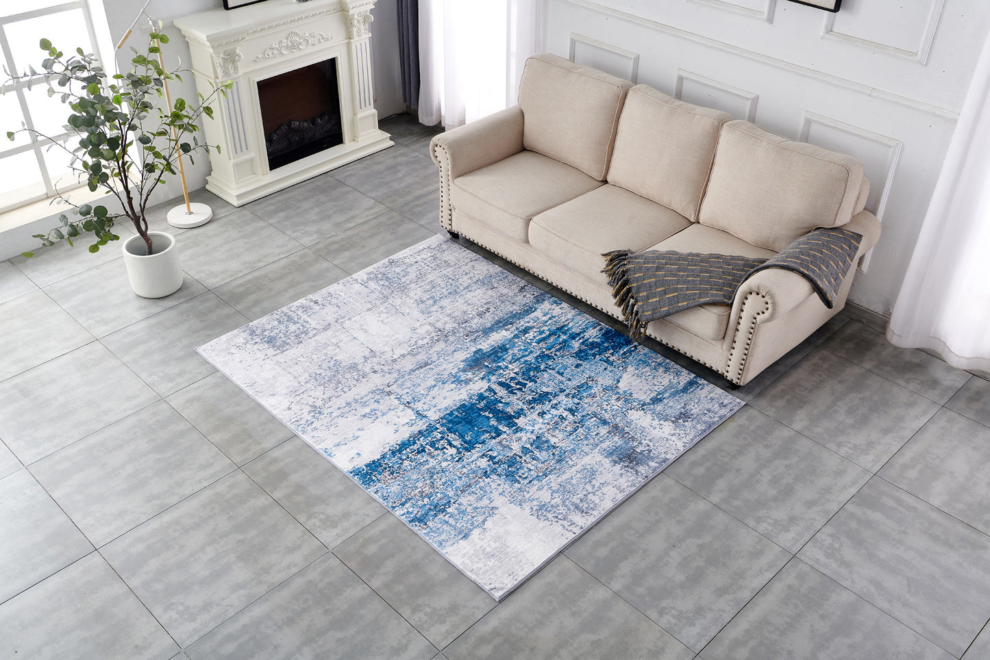 2' X 3' Gray and Blue Abstract Shag Printed Washable Non Skid Area Rug