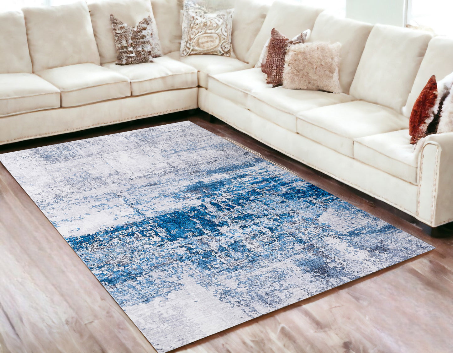 2' X 3' Gray and Blue Abstract Shag Printed Washable Non Skid Area Rug