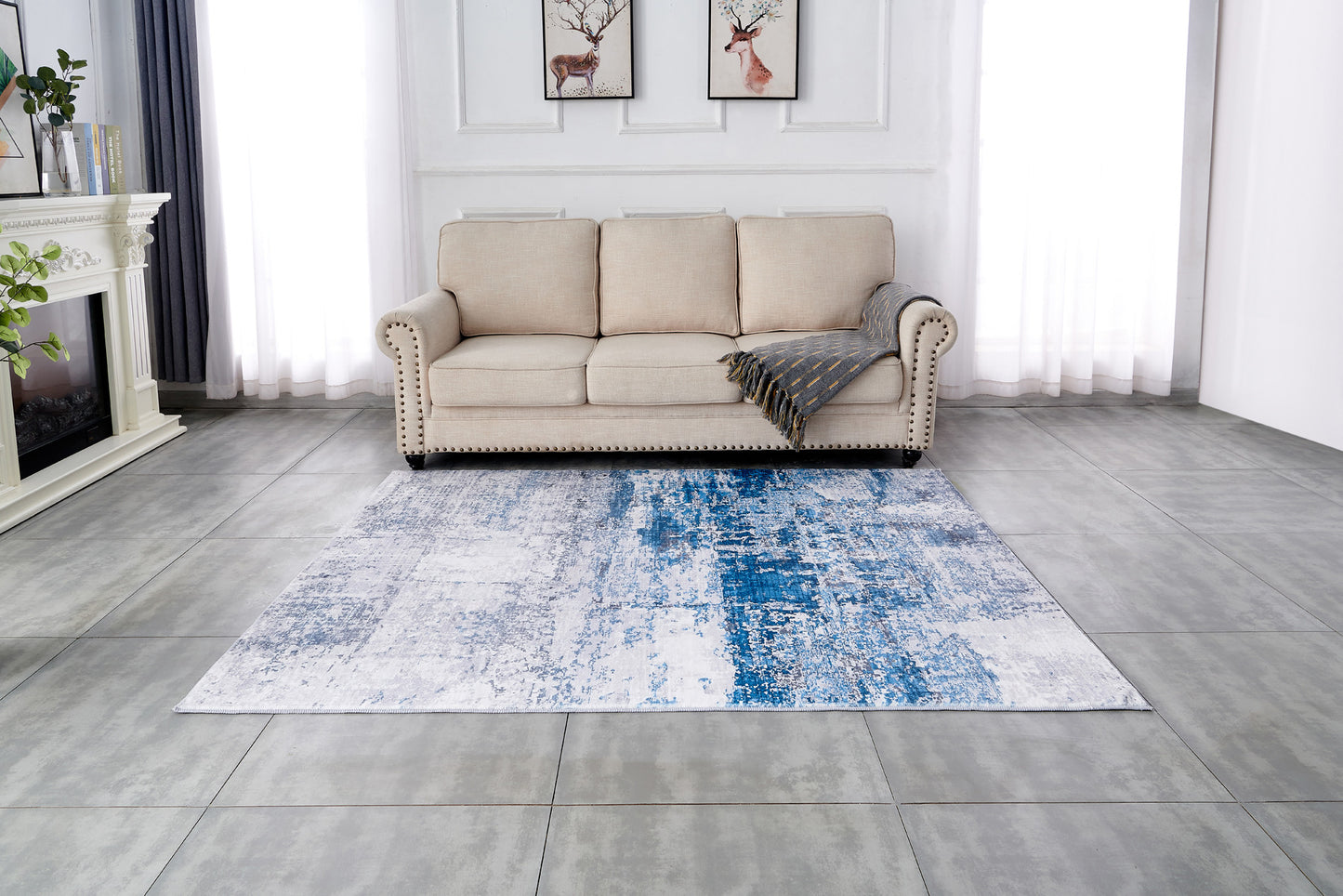 2' X 3' Gray and Blue Abstract Shag Printed Washable Non Skid Area Rug