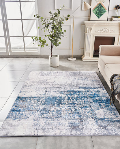 2' X 3' Gray and Blue Abstract Shag Printed Washable Non Skid Area Rug