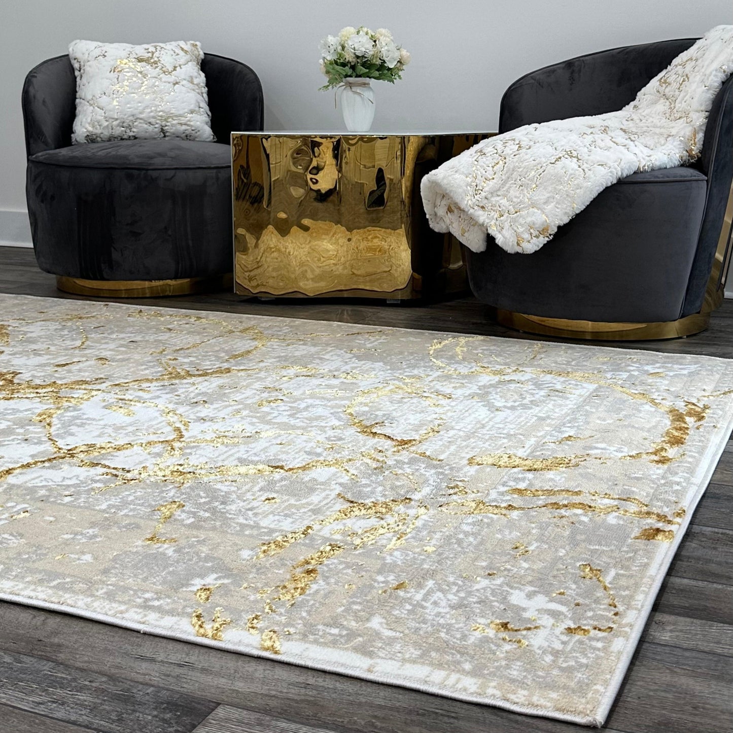 3' X 5' Beige and Gold Abstract Area Rug