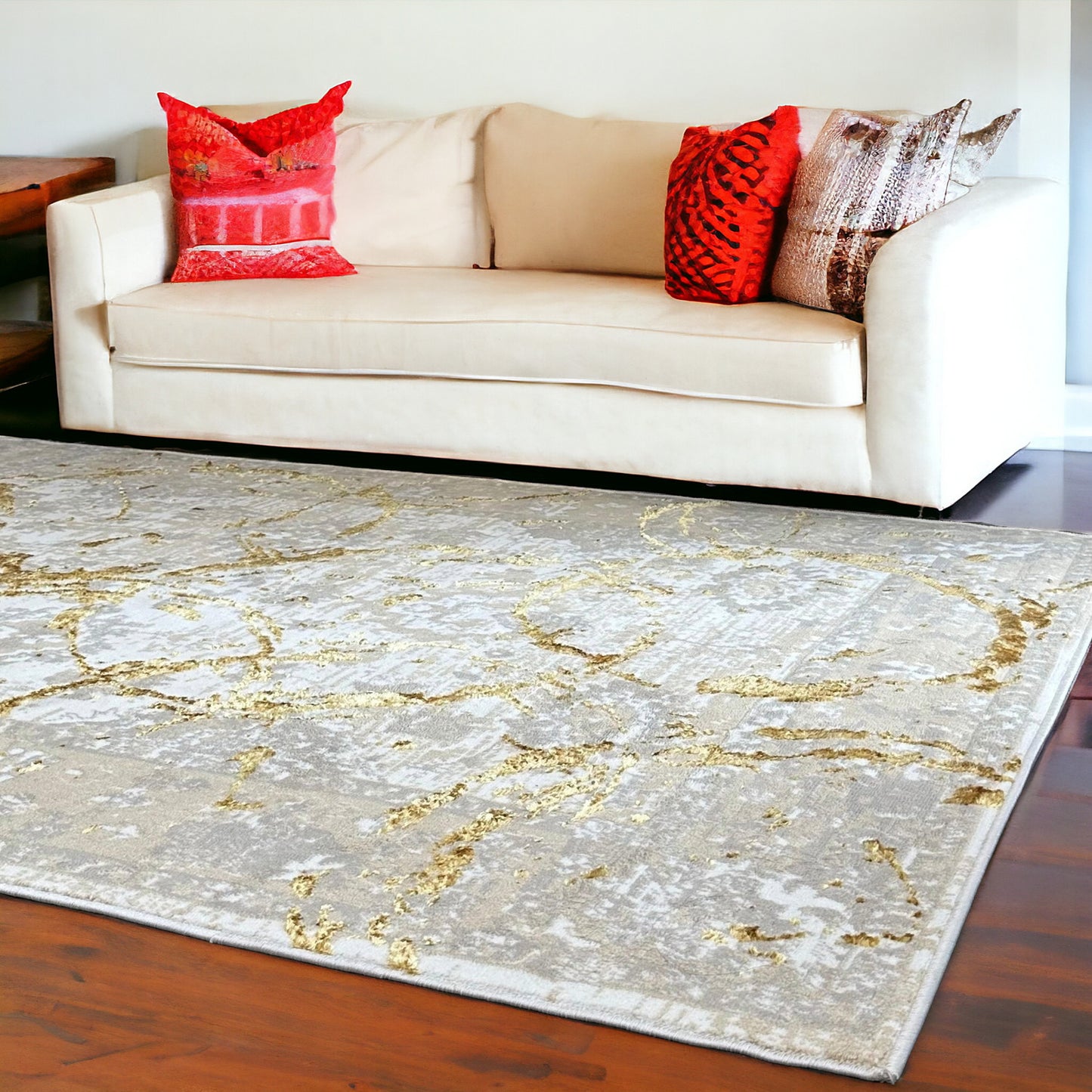 3' X 5' Beige and Gold Abstract Area Rug