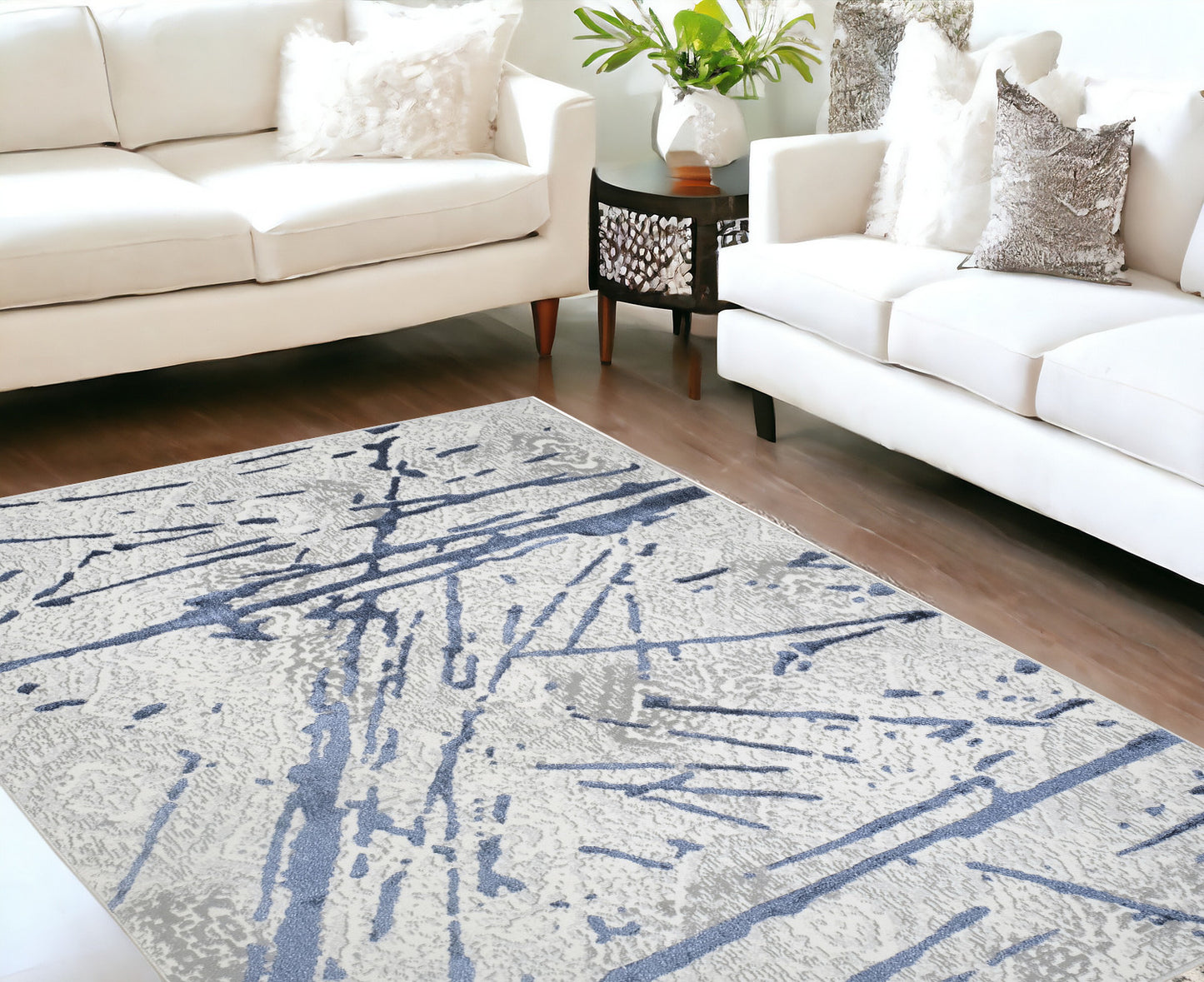 3' X 5' Ivory and Blue Abstract Area Rug