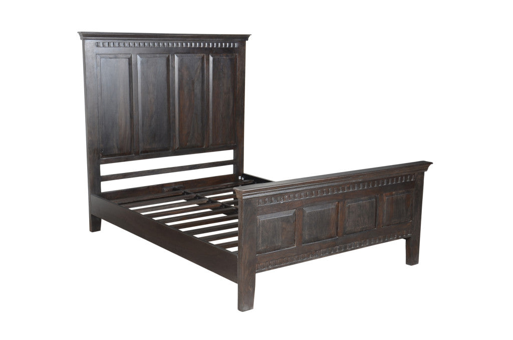 Espresso Carved Geometric Solid Wood Queen Bed Frame