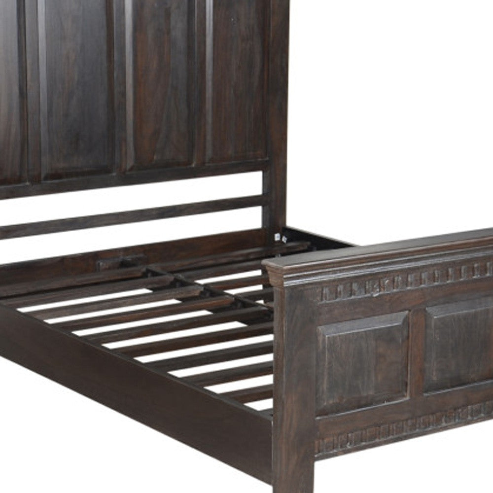 Espresso Carved Geometric Solid Wood Queen Bed Frame