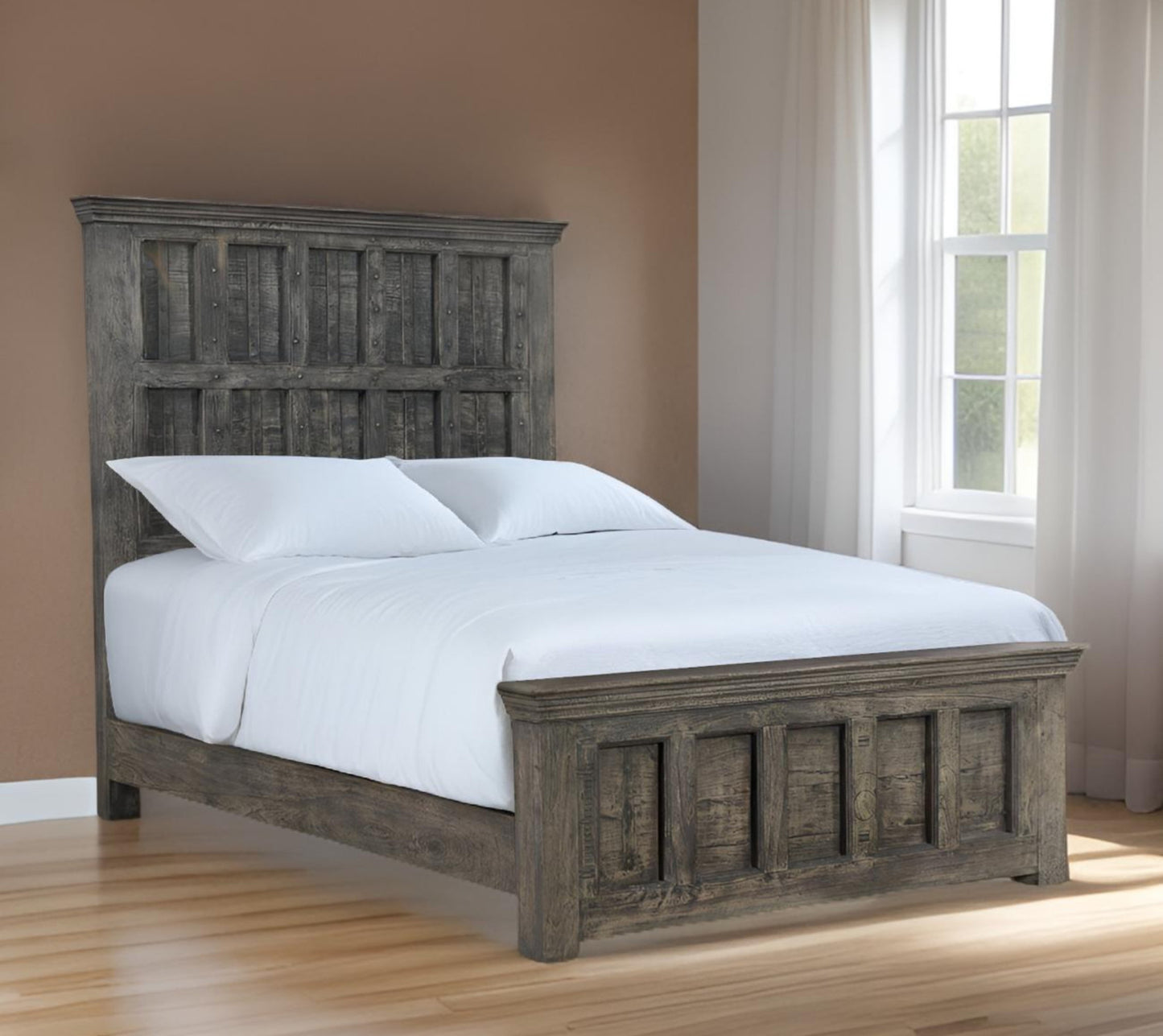 Brown Carved Geometric Distressed Solid Wood Queen Bed Frame