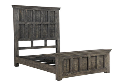 Brown Carved Geometric Distressed Solid Wood Queen Bed Frame