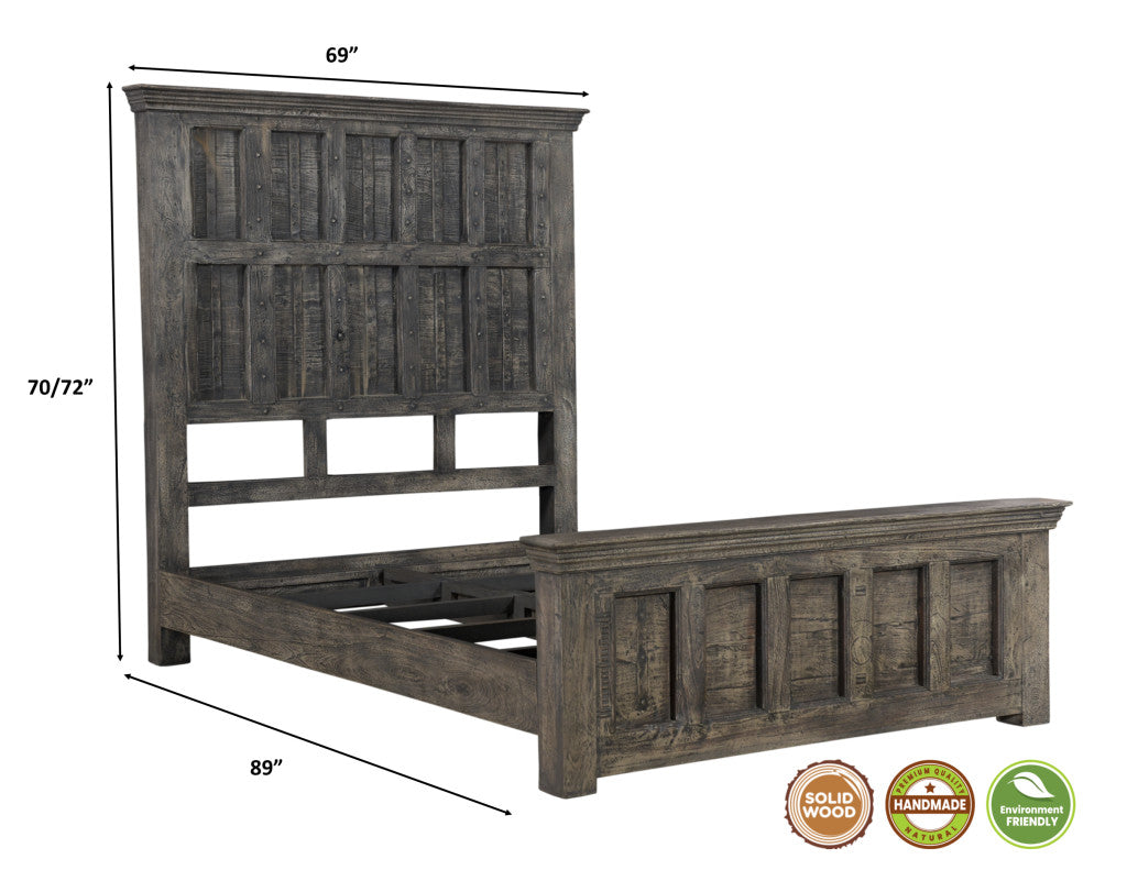 Brown Carved Geometric Distressed Solid Wood Queen Bed Frame