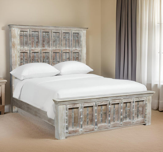 Natural Carved Geometric Distressed Solid Wood King Bed Frame