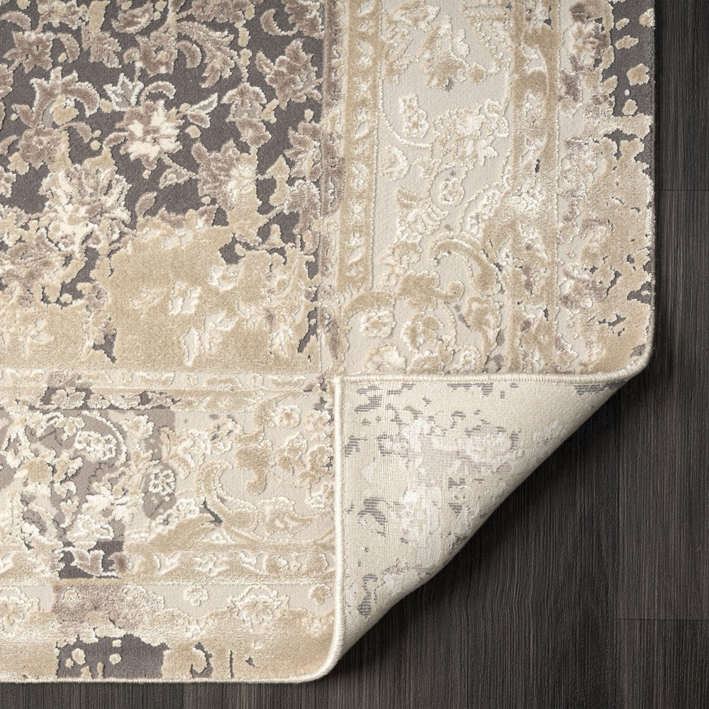 7' Gray Floral Runner Rug