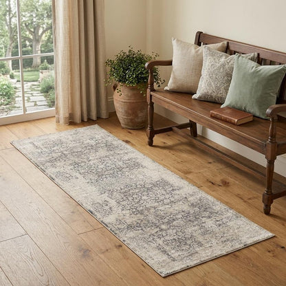7' Gray Floral Runner Rug