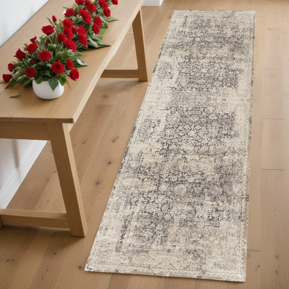 7' Gray Floral Runner Rug