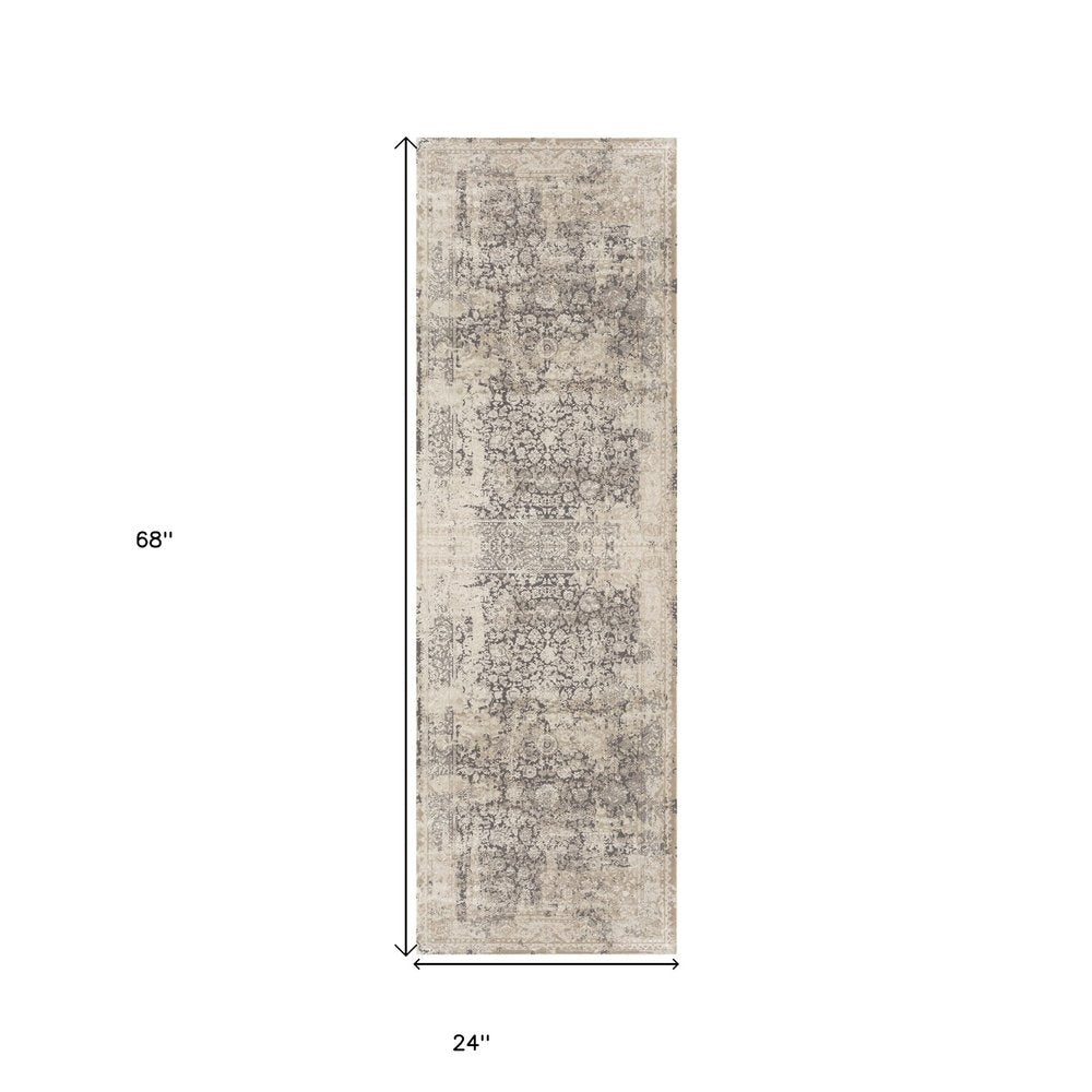 7' Gray Floral Runner Rug