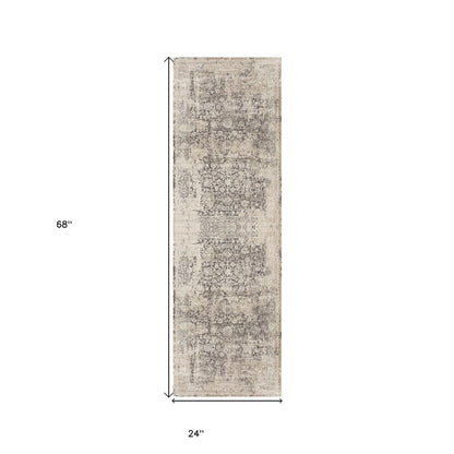 7' Gray Floral Runner Rug