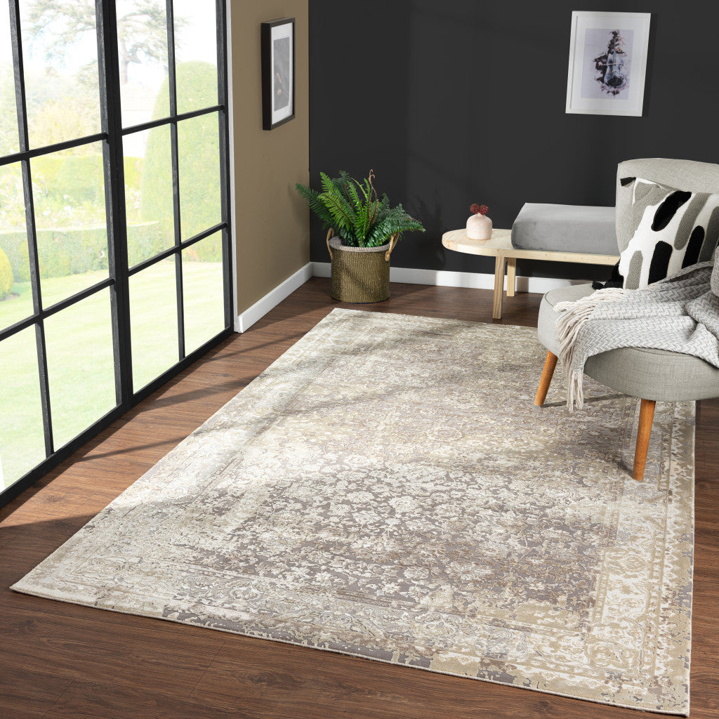 8' X 10' Gray and Ivory Floral Area Rug